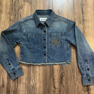 ANN ANDELMAN Relaxed Cropped Raw Frayed Hemline Cotton Jean Jacket S